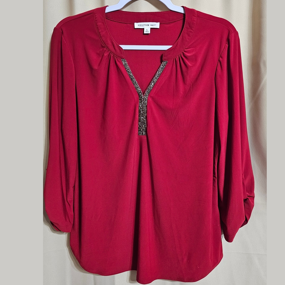 PerSeption Concept Red Blouse with Sparkling V-Neck